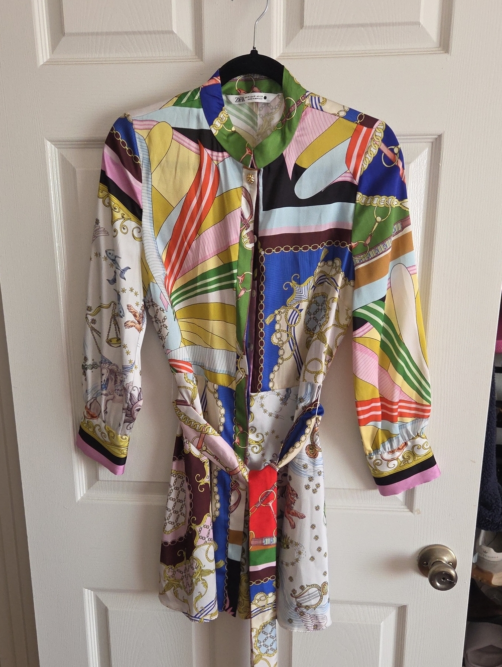 Zara Multicolor Printed Belted Jacket — Green, Blue, Yellow & Pink